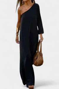 Effortless One Shoulder Draped Midi Cocktail Dress