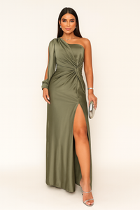 One-Shoulder Ruched Formal Maxi Dress with Side Slit