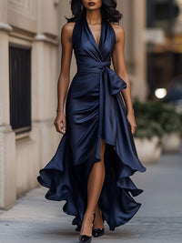 Women’s Satin Halter Maxi Dress with Dramatic Ruffle Hem