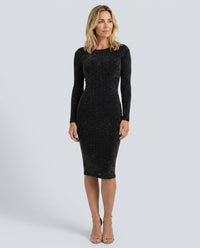 Black Long-Sleeve Sheath Midi Dress with Round-Neck