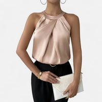 Elegant Pleated Halter Top Sleeveless Summer Blouse Occasion Top