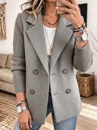 Double-Breasted Blazer with Ribbed Knit Sleeves and Notch-Lapel