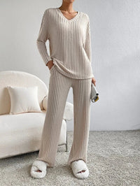 Relaxed V Neck Fall Sweater and Wide Leg Pants Lounge Set