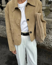 Women's Relaxed Suede Lapel Jacket with Button-Up
