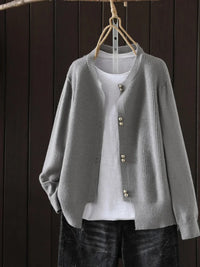 Refined Pearl Button Crewneck Knit Cardigan Sweater