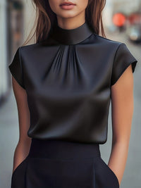 Refined Pleated Mock Neck Blouse Cap Sleeve Elegant Top