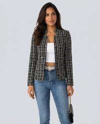 Collarless Tweed Blazer with Open-Front and Fringe Trim