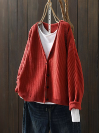 Refined V Neck Ribbed Hem Chunky Knit Cardigan
