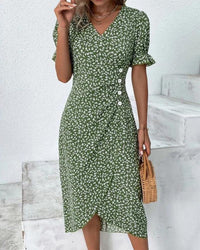 Effortless Floral Wrap V Neck Midi Dress Tummy Control