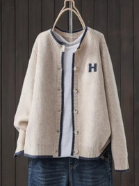 Effortless Oversized Letter Patch Ribbed Cardigan Sweater