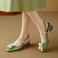 Refined Kitten Heels Floral Slingback Square Toe Block Heels
