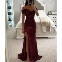 Elegant Off Shoulder Sequin Maxi Wedding Guest Dress