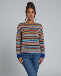 Women's Striped Knit Sweater with Crew-Neck and Long Sleeves