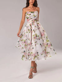 Elegant Strapless Floral Midi Cocktail Dress