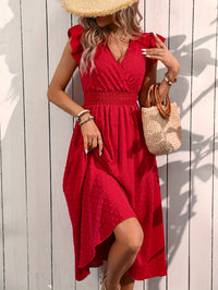 Elegant Ruffle Sleeve Smocked Midi Cocktail Dress