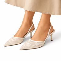Refined Floral Embroidered Slingback Kitten Heels Pointed Toe