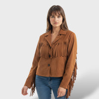 Women's Cropped Fringe Suede Jacket with Lapel-Collar
