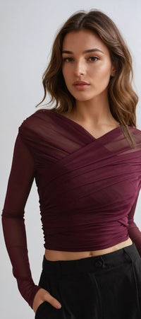 Elegant Sheer Mesh Ruched Long Sleeve Crop Top