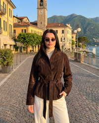 Women's Suede Peplum Jacket with Belted Waist and Shawl Collar