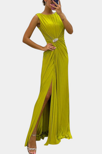 Elegant Pleated Crisscross Neck Maxi Homecoming Dress