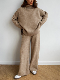 Refined Oversized Turtleneck Sweater and Wide Leg Pants Matching Set