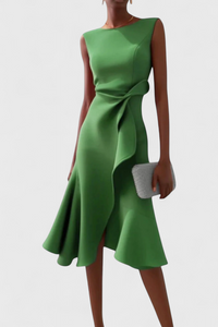 Elegant Draped Asymmetric Pleated Midi Cocktail Dress