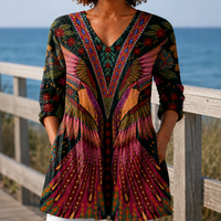 Stylish Peacock Print V Neck Longline Top