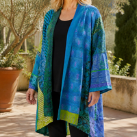 Relaxed Open Front Patchwork Print Long Cardigan