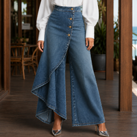 Relaxed High Waisted Asymmetric Wrap Wide Leg Denim Pants