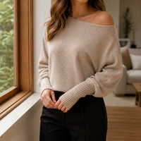 Stylish Asymmetric Off Shoulder Fine Knit Sweater