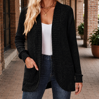 Effortless Open Front Patch Pocket Ribbed Knit Cardigan