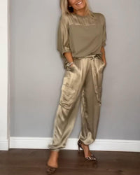 Effortless Round Neck Long Sleeve Top and Relaxed Pants Lounge Set