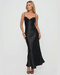 Black Satin Maxi Dress with Lace Trim