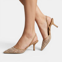 Elegant Embroidered Mesh Slingback Kitten Heels