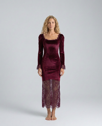 Long-Sleeve Velvet Midi Dress with Lace Trim