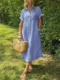 Elegant Striped Shirt Midi Dress Tummy Control