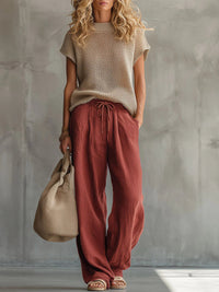 Relaxed Short Sleeve Crewneck Knit Top and Wide Leg Pants Matching Set
