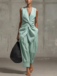 Effortless Sleeveless Wrap Top and Wide Leg Pants Matching Set