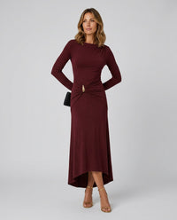 Long-Sleeve Draped Waist Maxi Dress with Gold Accent