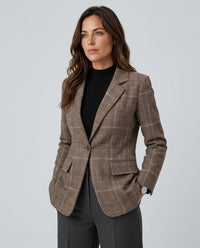 Brown Plaid Single-Button Blazer with Notch-Lapel