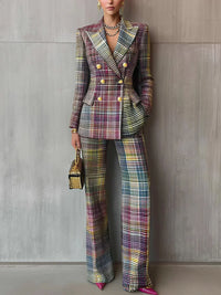 Elegant Plaid Double Breasted Blazer and Wide Leg Pants Matching Set