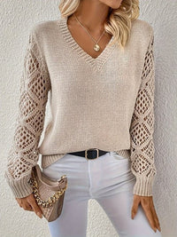 Relaxed V Neck Crochet Sleeve Knit Sweater