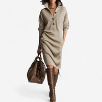 Relaxed Collared Oversized Knit Sweater Midi Dress