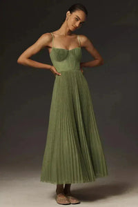 Effortless Pleated Olive Cocktail Maxi Dress