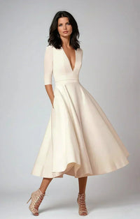 Elegant Flared V-Neck Formal Cocktail Midi Dress