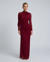 Long-Sleeve Mesh Formal Maxi Dress with High-Neck
