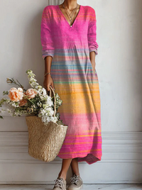 Relaxed Striped Long Sleeve Maxi Dress V-Neck
