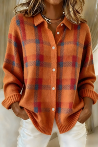 Stylish Plaid Check Ribbed Collar Button Up Cardigan