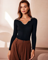 Color Block Knit Long-Sleeve Top with Lapel-Collar for Women
