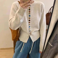 Effortless Crewneck Contrast Button Front Cardigan